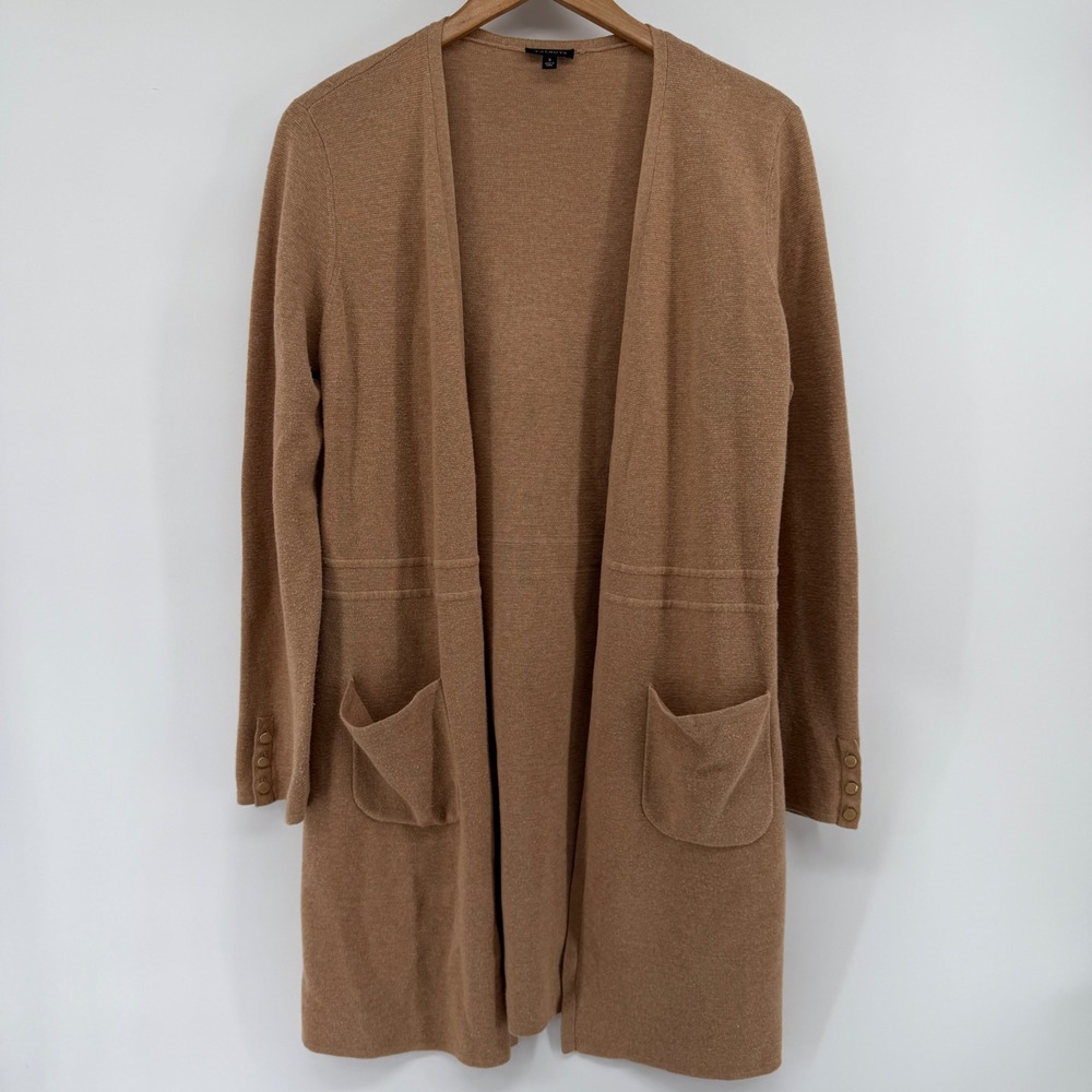 Talbots Camel Brown Open Front Long Cardigan Cotton Modal Button Cuff Small
